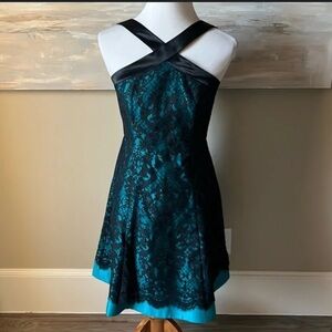 Draper James Dress Cocktail Formal 12 
 Black Damask Lace Teal Silk NWT